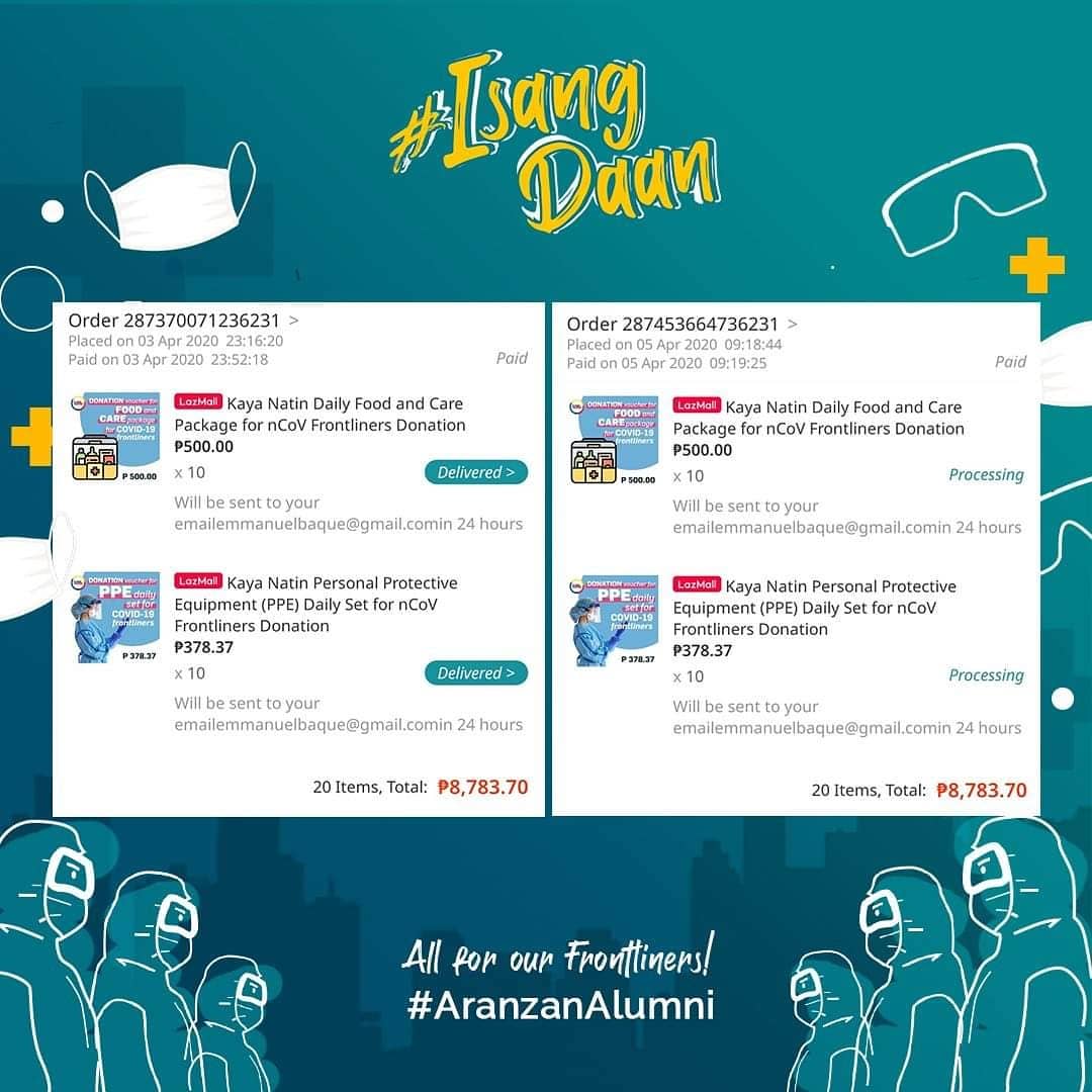 aranzanalumni's tweet photo. With as little as P100 or more, continue to send in your donations as we support efforts to provide food and PPEs to our frontliners.

Thru GCash:
09176761318

Thru BPI Savings:
Emmanuel D. Baque Jr. 
9739082886 https://t.co/i06ZFWNaqd