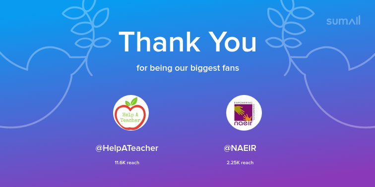 Our biggest fans this week: HelpATeacher, NAEIR. Thank you! via sumall.com/thankyou?utm_s…