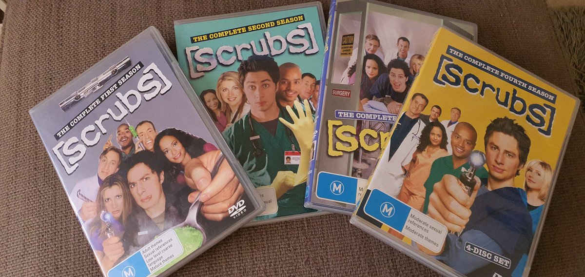 Jscotth's tweet photo. Loving @zachbraff and @donald_faison and the new Scrubs rewatch podcast Fake Doctors, Real Friends so much, that I spent 30 minutes in the garage searching through boxes of DVDs before hitting paydirt.  https://t.co/2uJ9q1963q https://t.co/vv0Rd4A4EI