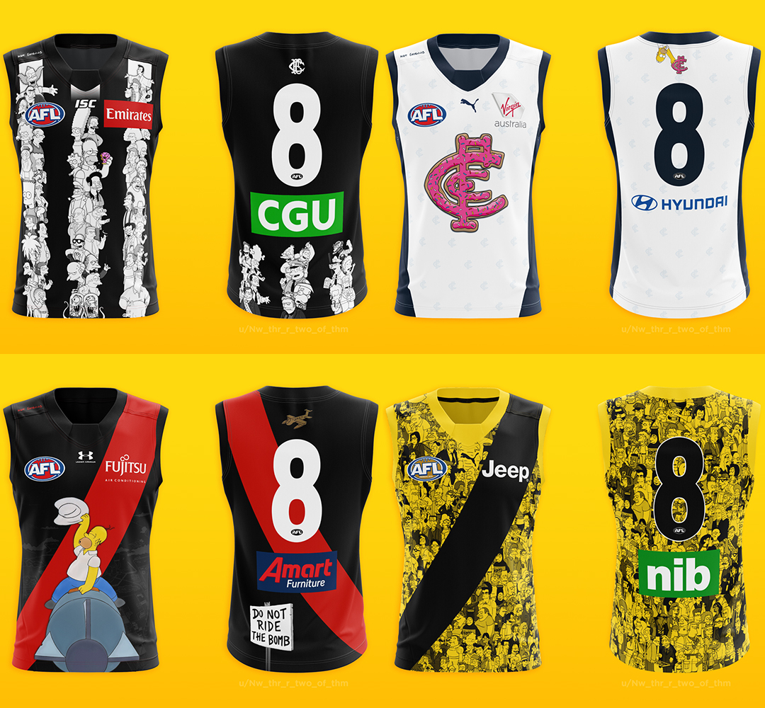A footy fan on Reddit made Simpsons-themed guernseys for every team. (via u/Nw_thr_r_two_of_thm)
