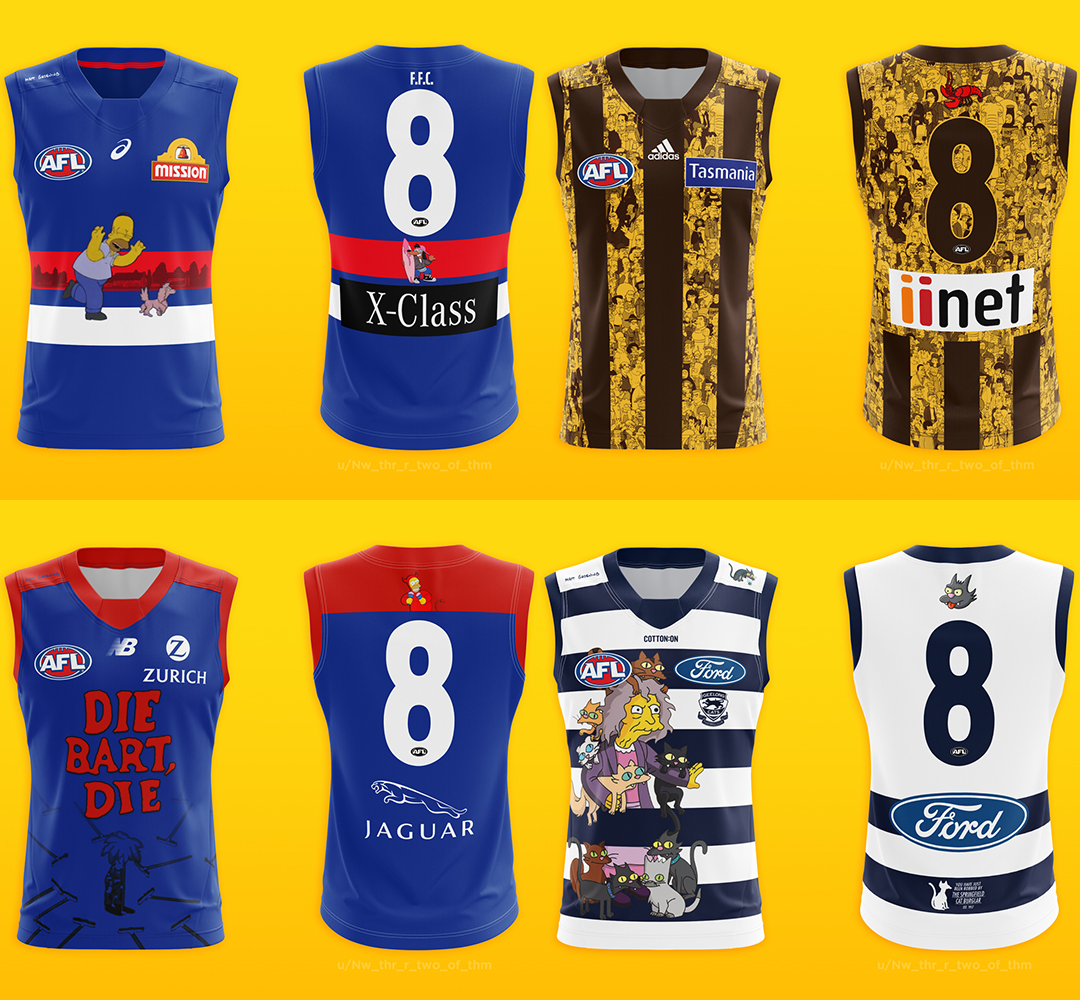 A footy fan on Reddit made Simpsons-themed guernseys for every team. (via u/Nw_thr_r_two_of_thm)