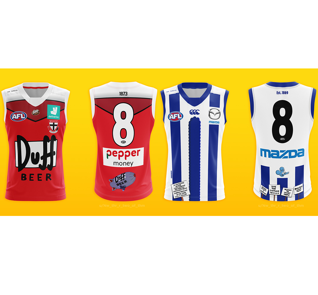 A footy fan on Reddit made Simpsons-themed guernseys for every team. (via u/Nw_thr_r_two_of_thm)