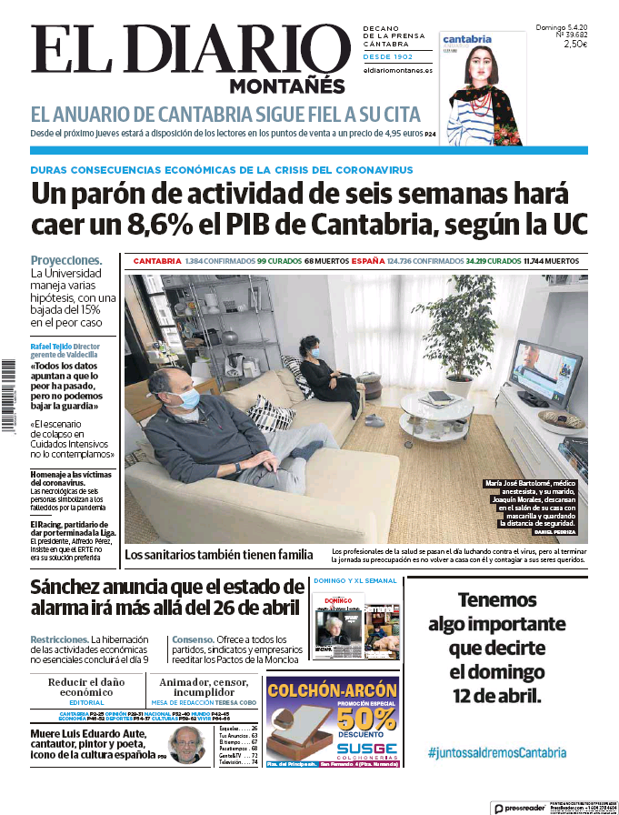 Buenos días. Esta es nuestra portada de hoy, domingo 5 de abril de 2020 #Cantabria #Santander