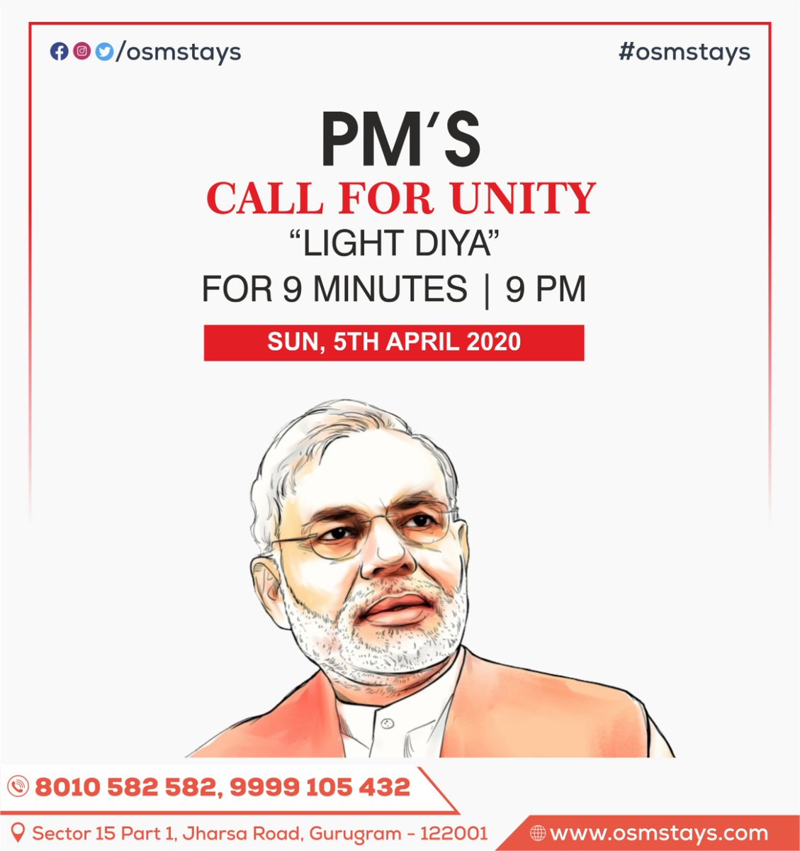 osmstays's tweet photo. Let's unite and light candles, diyas or torch and stand by our country in this 
tough time on 5th April at 9pm.
#9bje9minute 

For more Details
Get Your Visit : https://t.co/STvDkjMayS
Contact : 8010 582 582, 9999 105 432
Address : Sector 15 Part 1, Jharsa Road, Gurugram - 122001 https://t.co/FeezD8GuOc