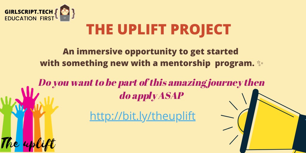 imanishbarnwal's tweet image. &quot;𝙔𝙤𝙪 𝙧𝙞𝙨𝙚 𝙗𝙮 𝙡𝙞𝙛𝙩𝙞𝙣𝙜 𝙤𝙩𝙝𝙚𝙧𝙨&quot; ✨

𝗥𝗲𝗴𝗶𝘀𝘁𝗿𝗮𝘁𝗶𝗼𝗻 𝗹𝗶𝗻𝗸 :
bit.ly/theuplift
Deadline to apply: 30𝒕𝒉 𝑨𝑷𝑹𝑰𝑳 2020 🗓️

@Girlscript1 #upliftproject #girlscript #girlscriptiseverywhere @anubhamane