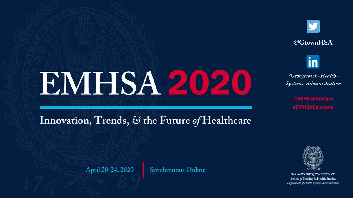 GtownHMP's tweet photo. While we won't be on-campus this time around, our #EMHSA students from the Class of 2020 will be participating in their final week-long intensive.  Our theme is "Innovation, Trends, &amp; the Future of Healthcare."  We can't wait to see you all on April 20! #EMHSAIntensive https://t.co/kua9hbW9c3