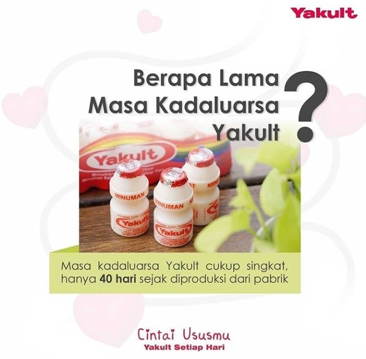 Yakult merupakan minuman keluarga sehat yang tidak menggunakan bahan pengawet buatan sehingga memiliki masa kadaluarsa cukup singkat, hanya 40 hari sejak diproduksi dari pabrik. 
<a href="/YakultIndonesia/">Yakult Indonesia</a> #Bincangsehatyakult