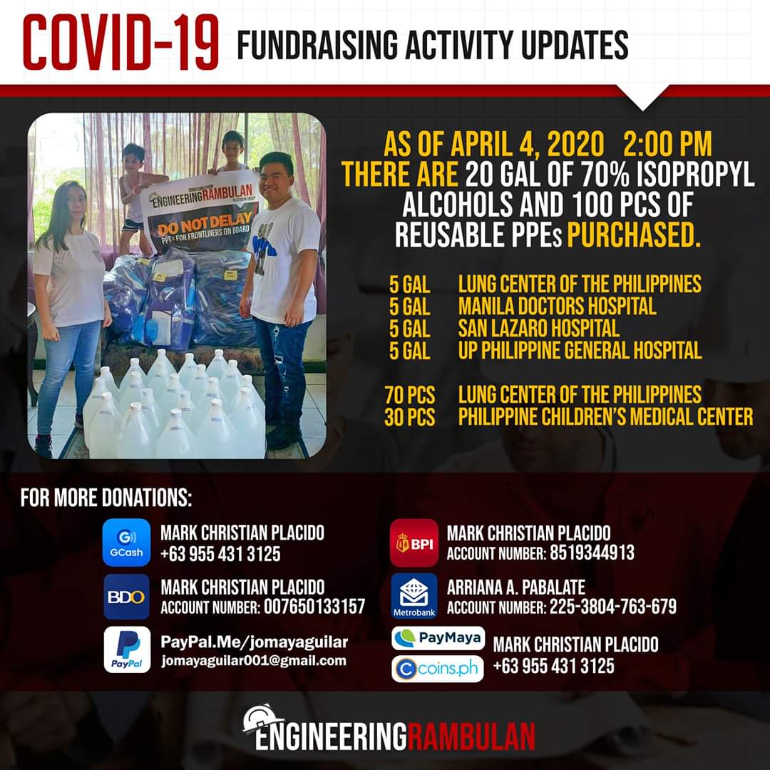 ENGRambulan's tweet photo. Compilation of pic. about the purchased and delivered alcohols, PPEs and other materials from the ENGINEERING RAMBULAN COVID19 FUND RAISING ACTIVITY

THANK YOU FOR YOUR DONATIONS!

#ROADto1M
#ENGRambulanUPDATES
#EngineeringBayanihan
#EngineeringRambulanCares
#BayanihansaRambulan https://t.co/WzLAln1SHY