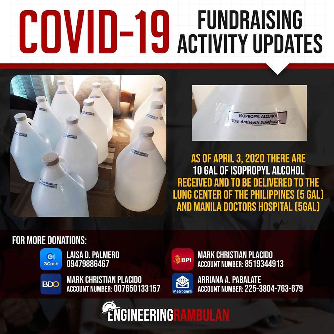 ENGRambulan's tweet photo. Compilation of pic. about the purchased and delivered alcohols, PPEs and other materials from the ENGINEERING RAMBULAN COVID19 FUND RAISING ACTIVITY

THANK YOU FOR YOUR DONATIONS!

#ROADto1M
#ENGRambulanUPDATES
#EngineeringBayanihan
#EngineeringRambulanCares
#BayanihansaRambulan https://t.co/WzLAln1SHY