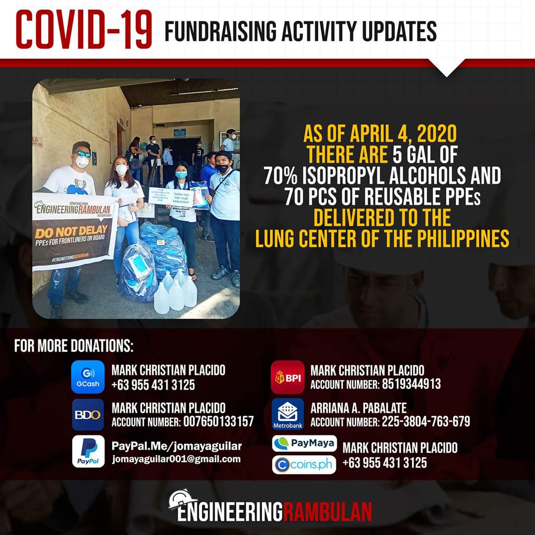 ENGRambulan's tweet photo. Compilation of pic. about the purchased and delivered alcohols, PPEs and other materials from the ENGINEERING RAMBULAN COVID19 FUND RAISING ACTIVITY

THANK YOU FOR YOUR DONATIONS!

#ROADto1M
#ENGRambulanUPDATES
#EngineeringBayanihan
#EngineeringRambulanCares
#BayanihansaRambulan https://t.co/WzLAln1SHY