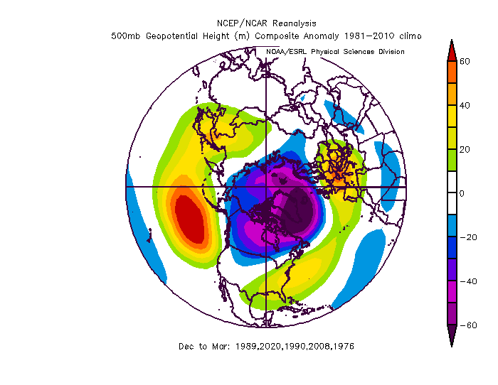 Here is the 500mb pattern of the top 5 least wintry years east of the Rockies per the teleconnection sum total