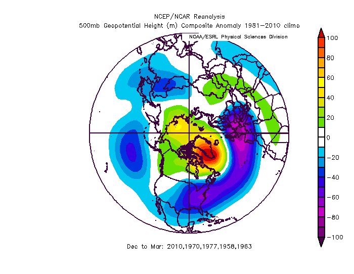 Here is the 500mb pattern of the top 5 most wintry years east of the Rockies per the teleconnection sum total