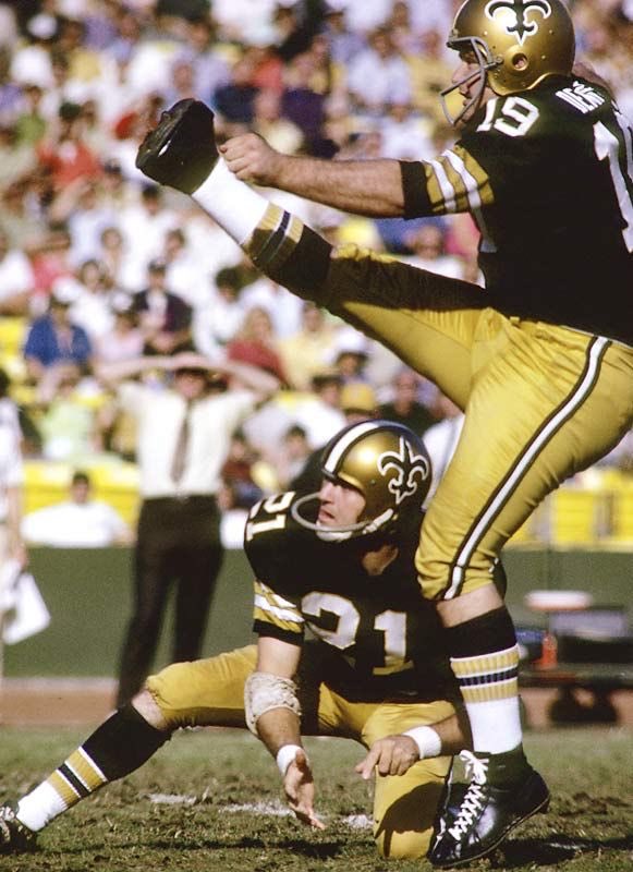 Dempsey played for the Saints, Eagles, Rams, Oilers and Bills from 1969-1979. He’s pictured here playing for New Orleans, where he nailed that historic kick at Tulane Stadium.