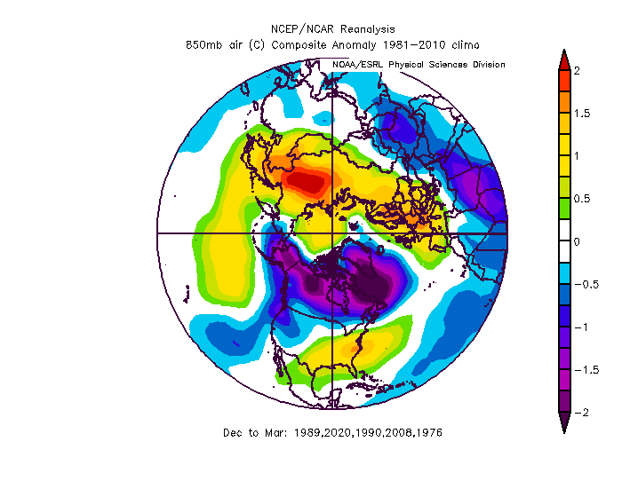Here is the 850mb temperature pattern of the top 5 least wintry years east of the Rockies per the teleconnection sum total