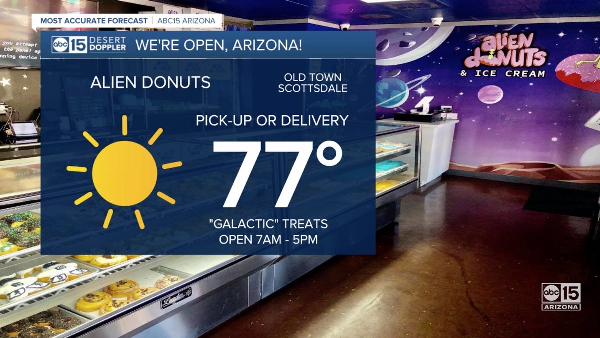 JoshFrigerio's tweet photo. Anyone been to @AlienDonut in Scottsdale?

I haven't been there yet, but they're #OpenInAZ! 

We're highlighting our local restaurants, coffee shops, and dessert spots every week on ABC15.

We're Open, Arizona: https://t.co/7fWUihqDII

Alien Donuts: https://t.co/i2oltnJrkt https://t.co/ri3PatSjjT