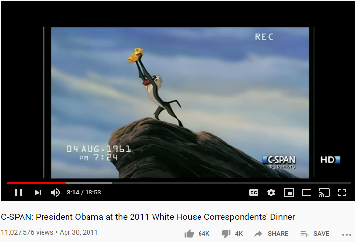 13/April 30, 2011 - President Obama gives speech at the WH Correspondents Dinner at the Washington Hilton. He started in 'roast' mode and made fun of "Birthers" (birth video), himself, Fox News, NPR, Matt Damon, Bachmann/Pawlenty, Huntsman, & Romney.