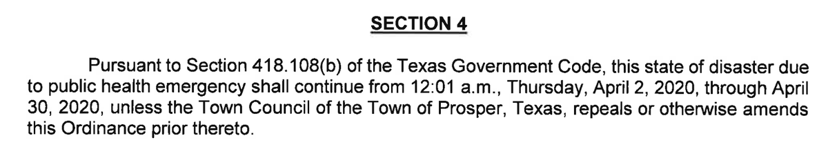 The state of disaster remains in place until April 30. At which point Prosper& #39;s town council will have to decide what to do.