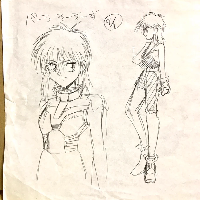 ガンダムX連載中、届いた川崎ヒロユキさんのシナリオを読んで勝手に想像した「パーラ・シス」ラクガキ。
その後、西村さんの設定が届いたけど 方向は同じ?こっちの方がダメ娘っぽいか‥(笑) 