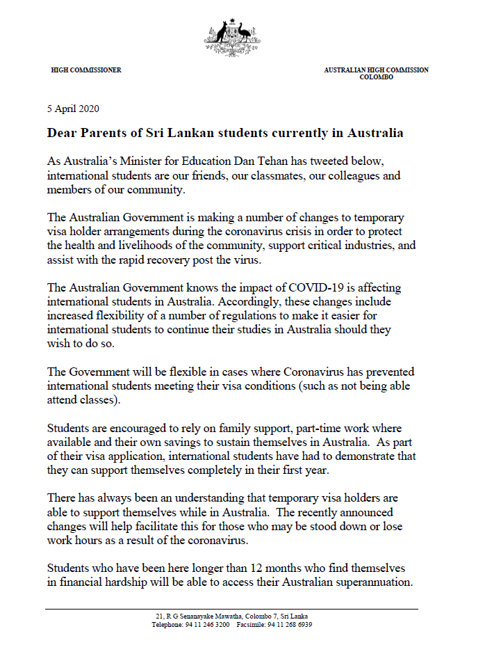 Uživatel Australia in Sri Lanka and Maldives na Twitteru: „A letter from the Australian Commissioner to Parents of Sri Lankan 🇱🇰 students currently in Australia 🇦🇺. Australia has increased the flexibility