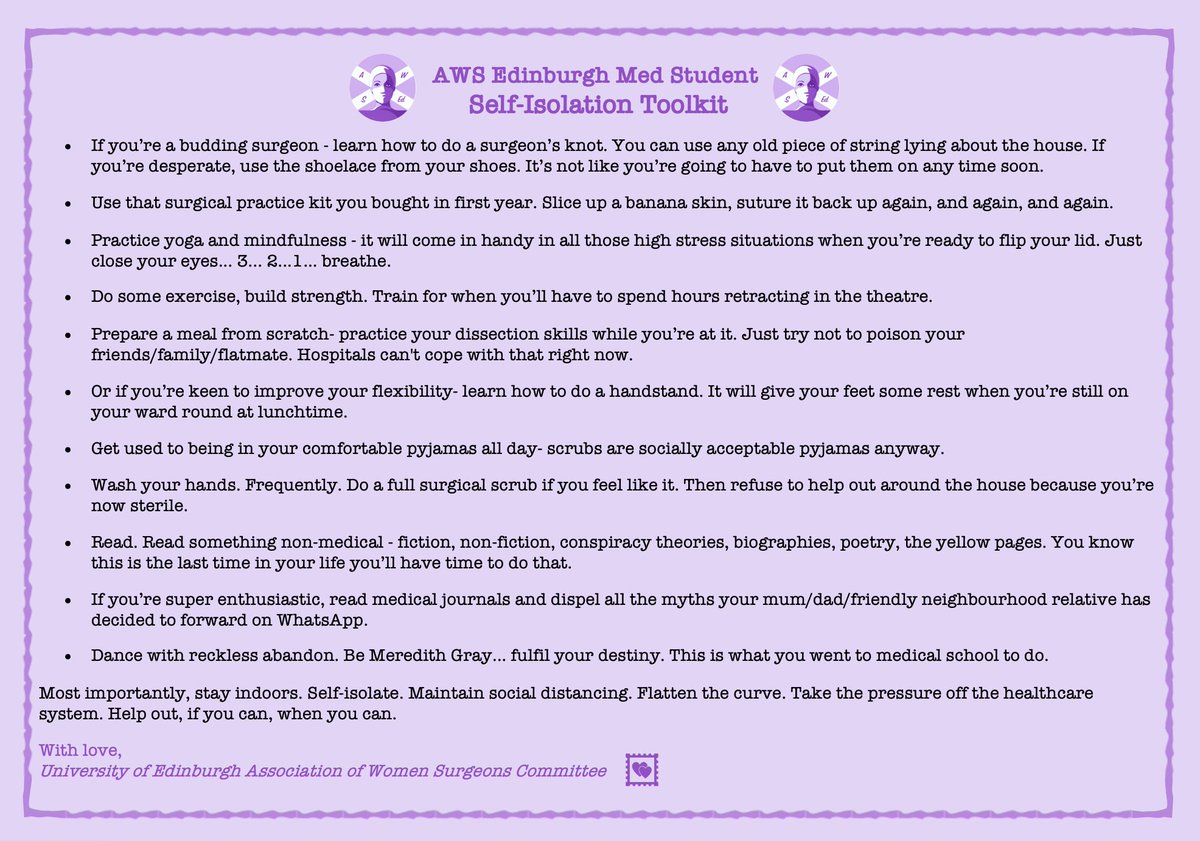 Self isolation can be difficult, but we at the Association of Women Surgeons, Edinburgh, have come up with some tips and tricks to help you get through this tough time!
