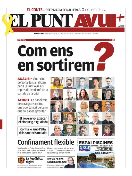 elpuntavui's tweet photo. Bon dia! Vint-i-cinc persones-13 dones i 12 homes- analitzen quina serà la situació l'endemà de la crisi del #coronavirus #covid19 
Dossier especial “Com ens en sortirem?”, aquest diumenge, a @ElPuntAvui 🗞️
#imprescindiblesEPA https://t.co/sA9BIJZ1He