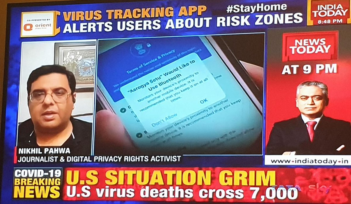 I was on  @rahulkanwal's show on India Today yesterday, on privacy during COVID19 + Aarogya Setu app. Couldn't share all my points, but here goes:1. The Privacy challenge we are all facing right now is balancing the health of many versus the privacy of a few. (1/n)