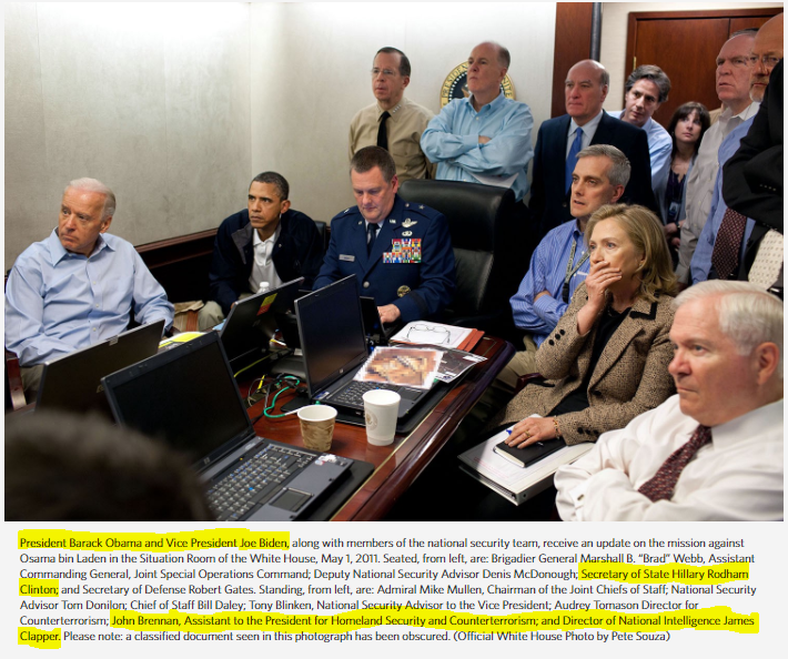 15/May 1, 2011 (the next day) - President Obama and the National Security Team assembles in the Situation Room to monitor the critical mission. The Weight of One Mission: Recounting the Death of Usama bin Laden, Five Years Later https://obamawhitehouse.archives.gov/blog/2016/05/02/weight-one-mission-recounting-death-usama-bin-laden-five-years-later