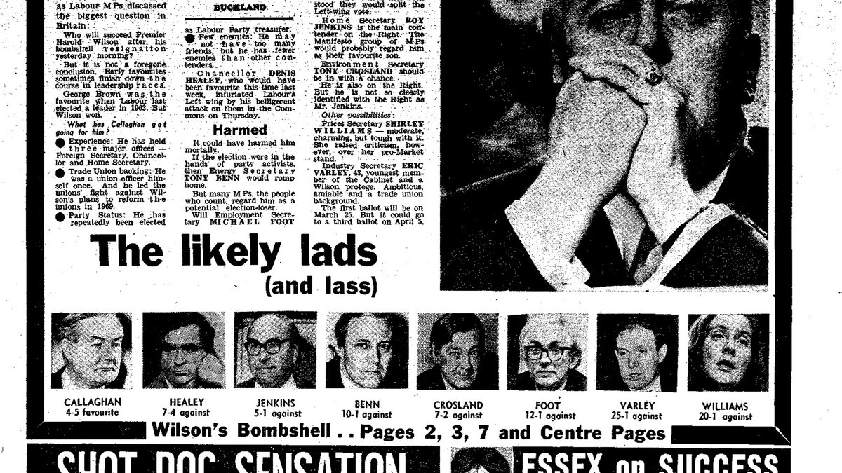 The bookmakers  @LadPolitics priced it as follows:James Callaghan 4/5Denis Healey 7/4Tony Crosland 7/2 in from 20/1Roy Jenkins 5/1Tony Benn 10/1Michael Foot 12/1Shirley Williams 20/1Eric Varley 25/1