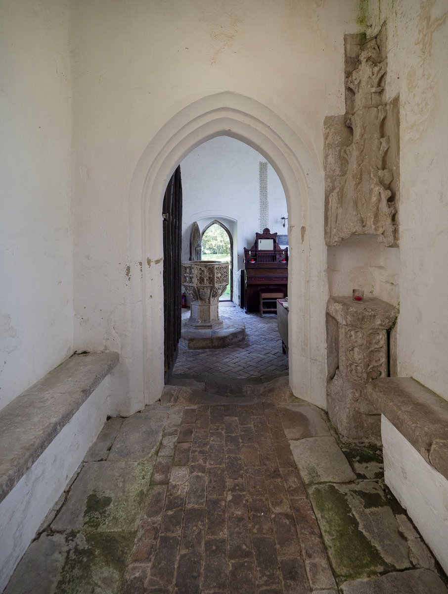 Entering through the south porch visitors are met by an extraordinary, floor-to-(almost) ceiling stoup. Dated to the 15th century, the shaft is carved with rows of quatrefoils, while acanthus clambers up the canopy. The proportions are so great, it feels very out of place.(2/7)