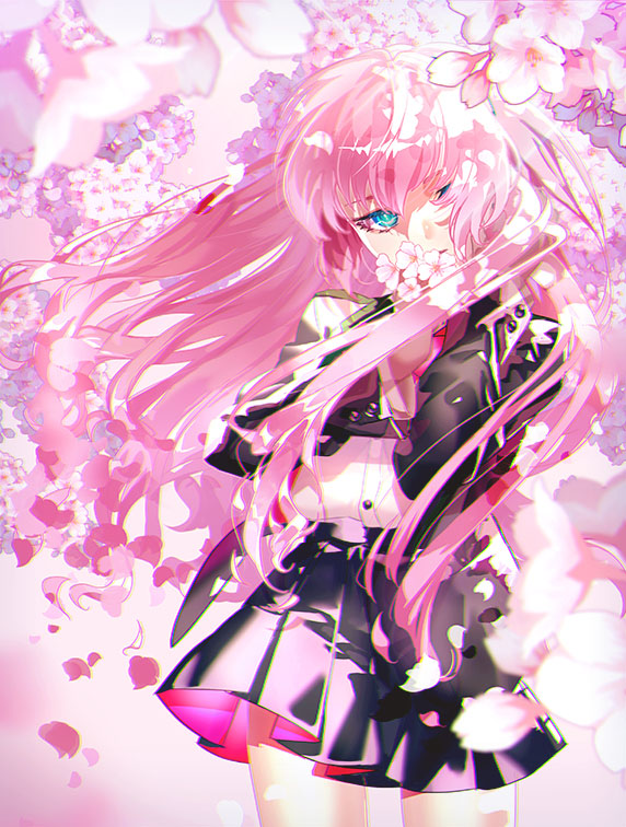 1girl pink hair skirt solo long hair flower cherry blossoms  illustration images
