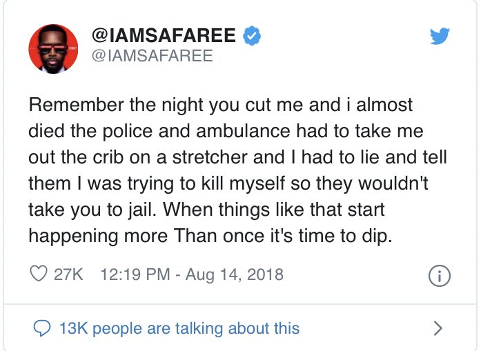 “Where my bad bitches? Fuck these niggas, give them trauma”This is in reference to some altercations Nicki had with her ex Safaree. Shortly after the release of Nicki’s Queen album, he took to Twitter to accuse Nicki of stabbing him while they were still in a relationship: