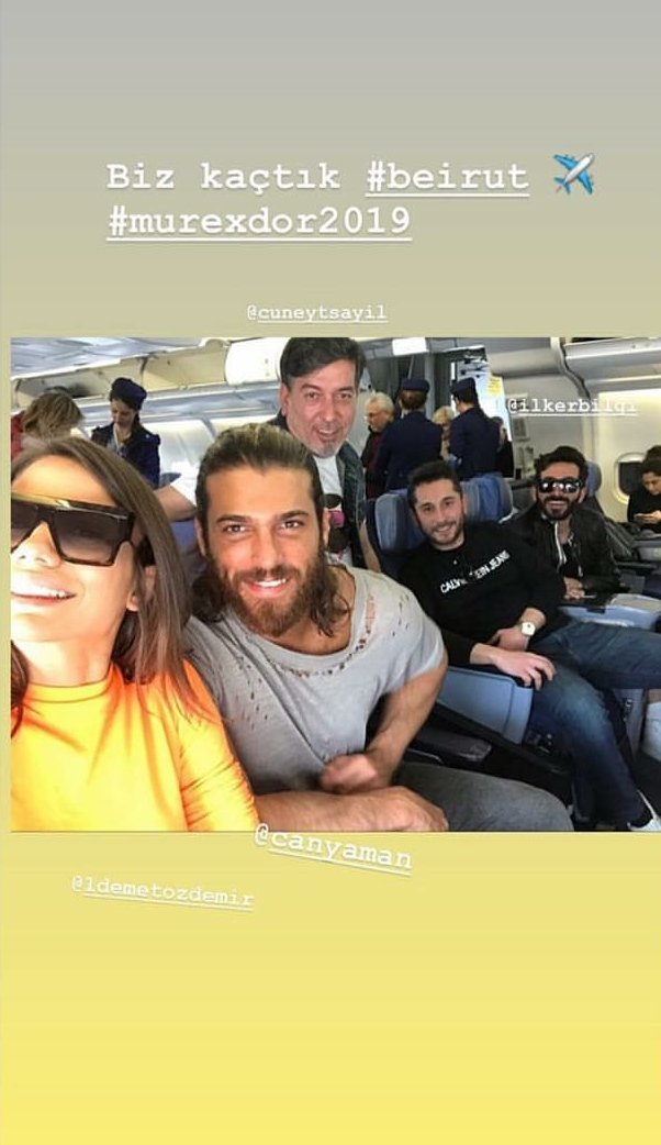 First pic we got from Beirut's trip, all together, in the same planeCD sitting next to each other like a coupleThe best selfie we've ever got to see   #CanYaman  #DemetÖzdemir