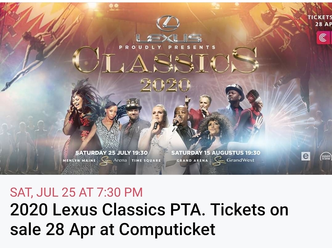 eefact's tweet photo. 2020 Lexus Classics Pretoria

25th of July at Sun Arena

Tickets on sale from the 28th of April at Computicket @CorleaBotha @ruhandutoit82 @boknizzle @Joan_Siki https://t.co/mM48y7DG5X
