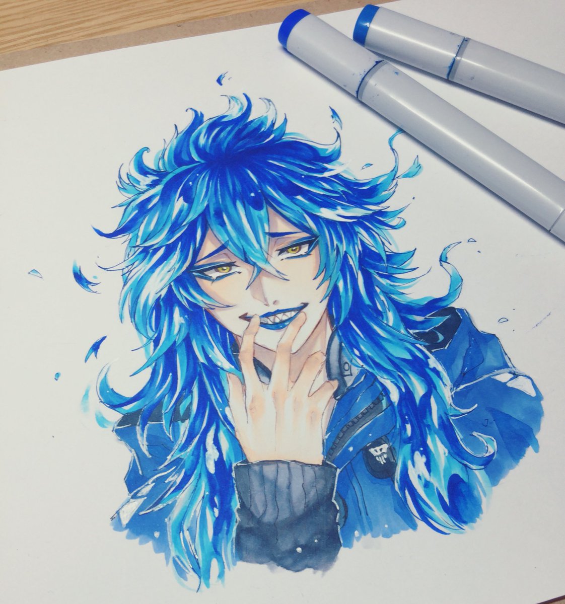 blue lips 1boy male focus blue hair long hair yellow eyes solo  illustration images