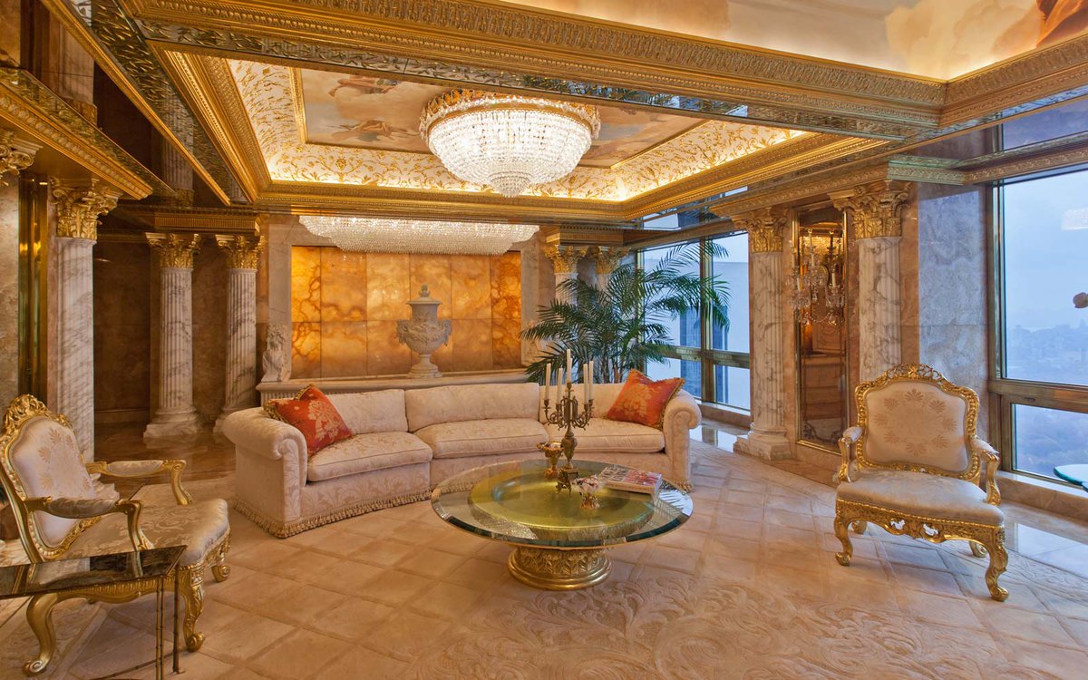 Donald Trump has a three-level lavish home that matches his over-the-top personality. His Trump Tower penthouse, New York, is packed with 24-carat gold accents, marble and Louis XIV furniture.