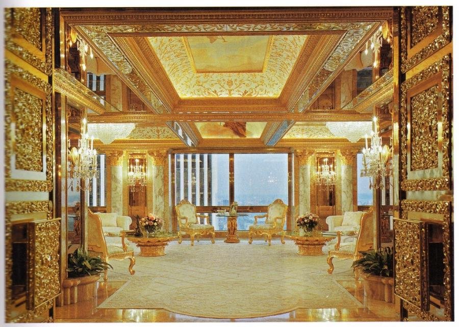 Donald Trump has a three-level lavish home that matches his over-the-top personality. His Trump Tower penthouse, New York, is packed with 24-carat gold accents, marble and Louis XIV furniture.