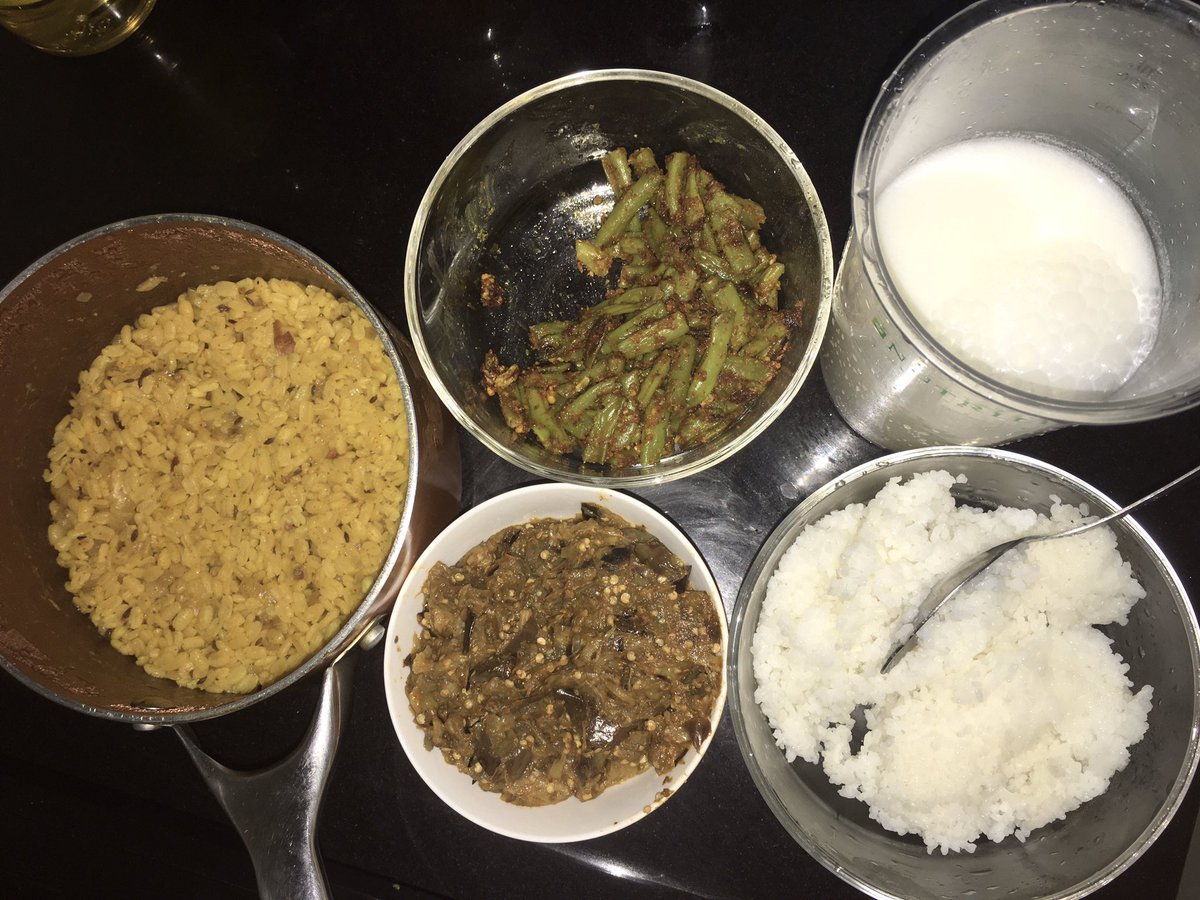 AquarianTruths's tweet photo. Full Veg (if you consider Milk/Yogurt as Veg) Maharashtrian Lunch.. everything cooked by me. #BaiganBharta #FriedBeans #CookedDaal #TakMatta #Rice https://t.co/hL3KCiPVua