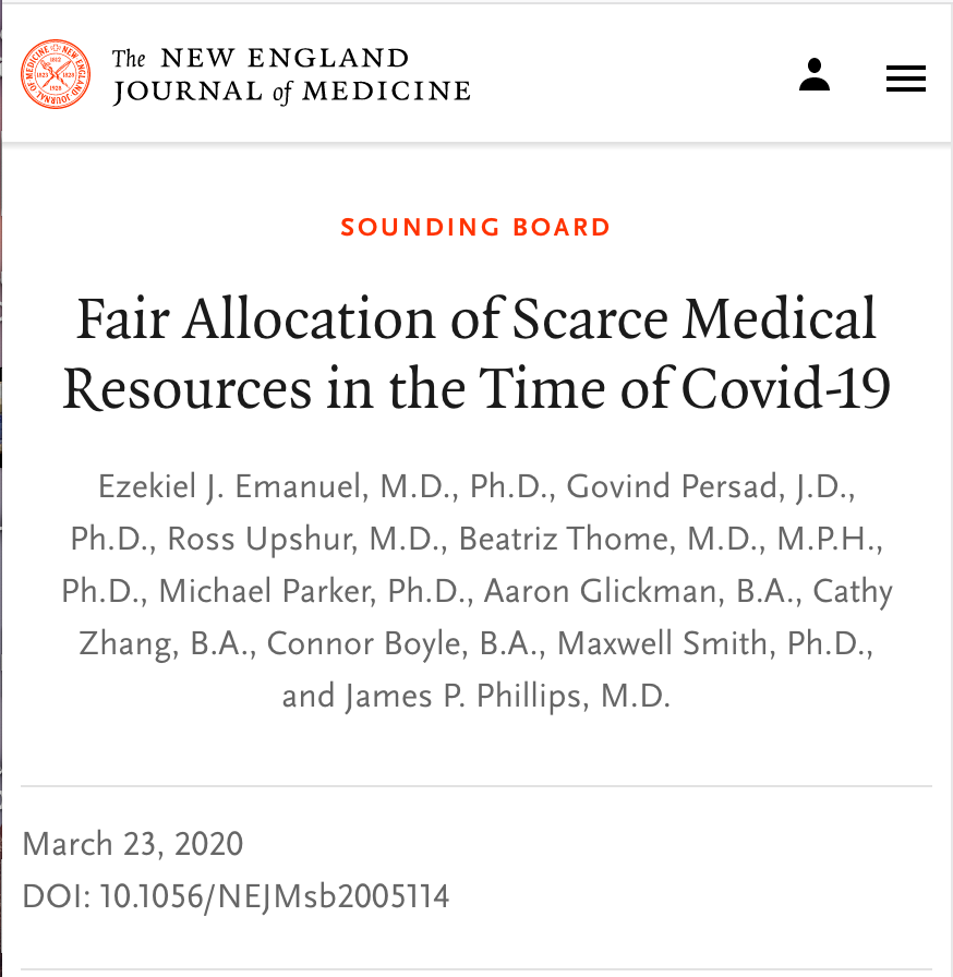 The authors of "Fair Allocation of Scarce Medical Resources in the Time of Covid-19" in  @NEJM lay out six "recommendations" for allocating "scarce medical resources" including ventilators in this piece... https://www.nejm.org/doi/full/10.1056/NEJMsb2005114?query=recirc_curatedRelated_article