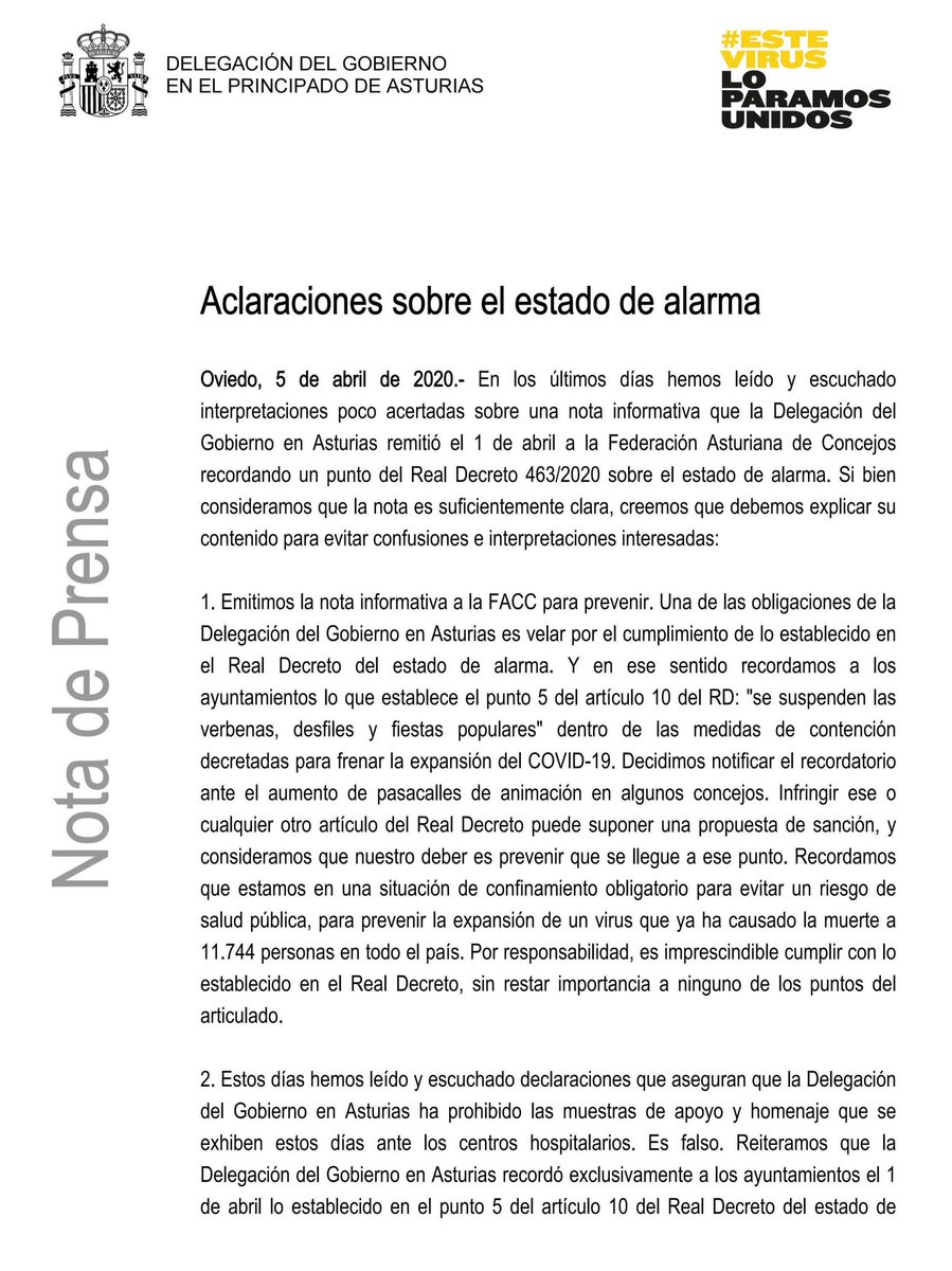 DelegGobAST's tweet photo. Nota de prensa para aclarar algunas informaciones y declaraciones de los últimos días sobre un artículo en concreto del Real Decreto del estado de alarma. https://t.co/xcjD8q3drm