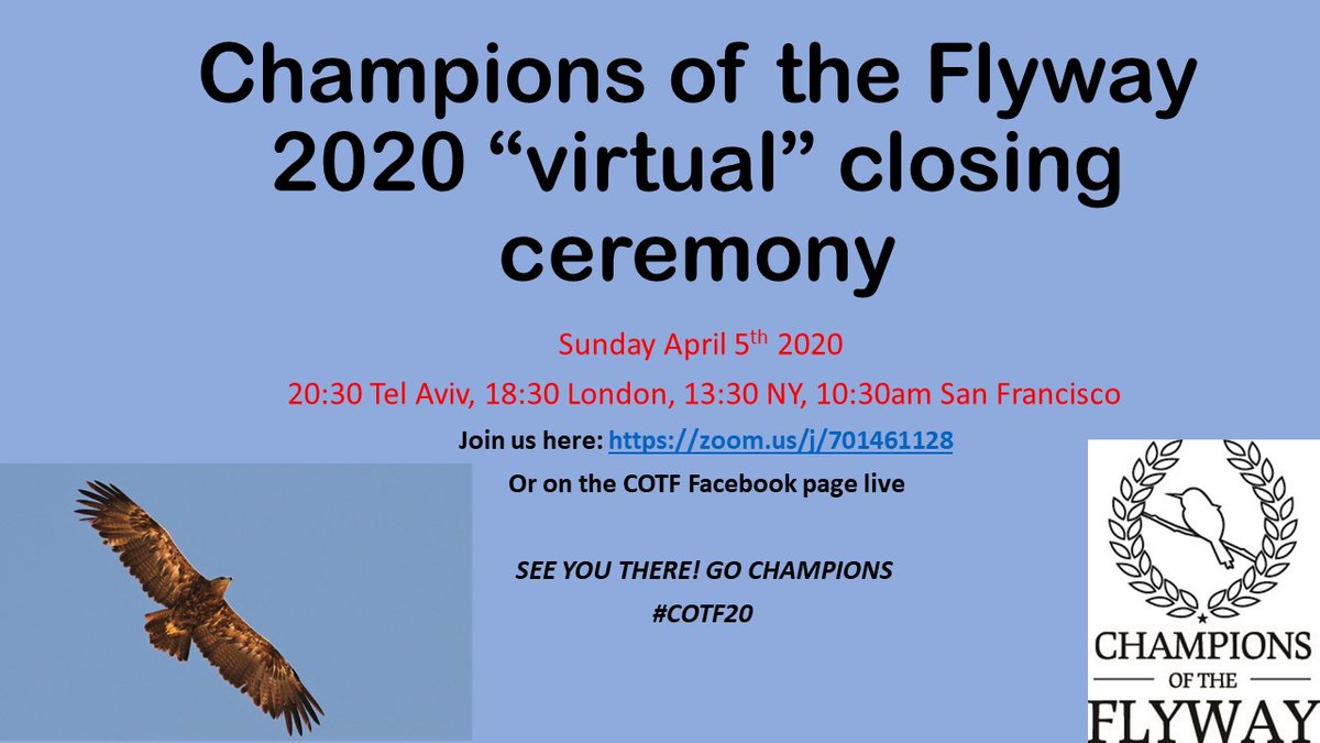 BirdLifeIsrael's tweet photo. TODAY! Join us for the #COTF20 Virtual CLOSING CEREMONY, hosted by @JMeyrav & @DanAlon5 - have a glass handy for a toast to the incredible #FlywayFamily (you)!
See flyer for local times
Join here https://t.co/Zfl8xP945z
Or watch on our FB page live: https://t.co/i21mQxdyDG https://t.co/3cgU0HRq7c