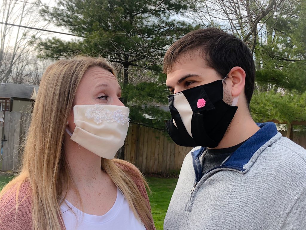 danaswift98's tweet photo. These two were supposed to get married yesterday but had to cancel because of coronavirus.... so my mom made them wedding themed face masks to wear in honor of what was supposed to be their special day 😂💓 #Coronavirus https://t.co/WibBFarGlp