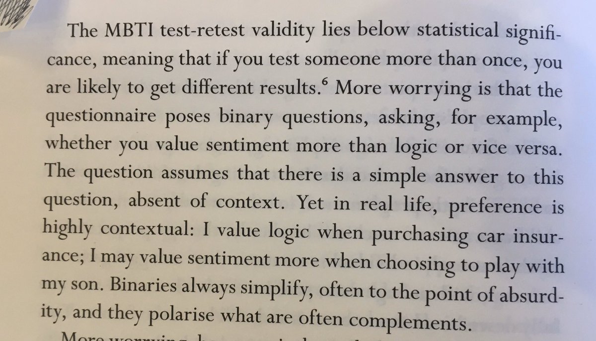 rshotton's tweet image. The Myers-Briggs personality test:

Originally designed to identify appropriate marriage partners

Has no basis in clinical psychology

Has no statistical significance to its retest 

So why do 79% of FTSE 100 companies use it?

In Uncharted by Heffernan