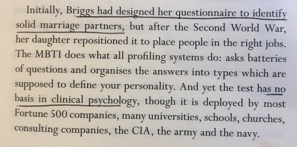 rshotton's tweet image. The Myers-Briggs personality test:

Originally designed to identify appropriate marriage partners

Has no basis in clinical psychology

Has no statistical significance to its retest 

So why do 79% of FTSE 100 companies use it?

In Uncharted by Heffernan