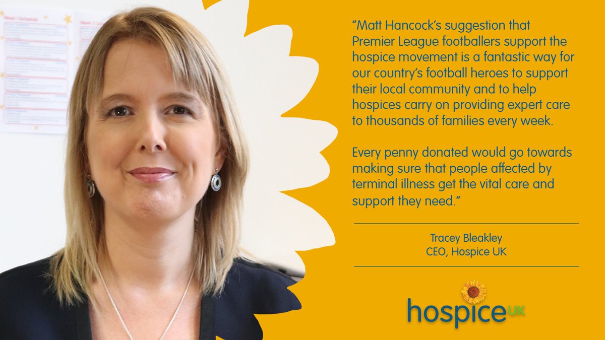 "Matt Hancock’s suggestion... is a fantastic way for our country’s football heroes to support their local community." Our CEO <a href="/TraceyBleakley/">Tracey Bleakley</a>, responding on today's call by <a href="/MattHancock/">Matt Hancock</a> for footballers to support the #hospice movement: hospiceuk.org/about-hospice-… #ScoreForHospices