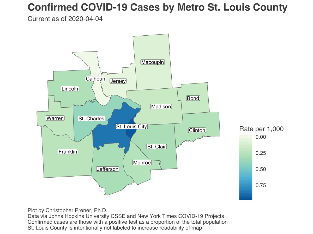 Steady growth is continuing in the STL metro area as well.  #StLouis remains the epicenter - with the city having a higher rate of confirmed infection than the county despite larger numbers of confirmed infections in the county. Case fatality is converging on 2% here, too. 6/12