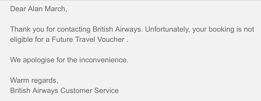 I was expecting better Customer Service from  @British_Airways but it seems they’re not prepared to support fans following the postponement of  @EURO2020.  @FAWales  #WalesAway  @UEFA Membership of their ‘Loyalty’ programme counts for nothing. I certainly won’t be using them again.