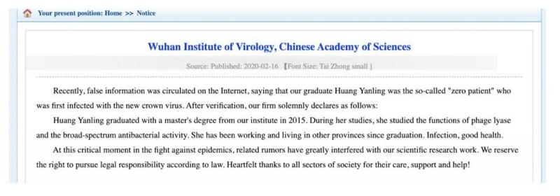 8-Basın Huang Yanling’in peşine düşünce Wuhan Viroloji Enstitüsü, Yanling’in CV’sini sitesinden kaldırdı.Ancak 17 Şubat'ta Fransız kamu radyosu Radio France Internationale'den Hong Kong muhabiri Zhen Shuji, yazılı şekilde Wuhan Enstitüsü’ne yeniden sorsa da bir cevap alamadı.