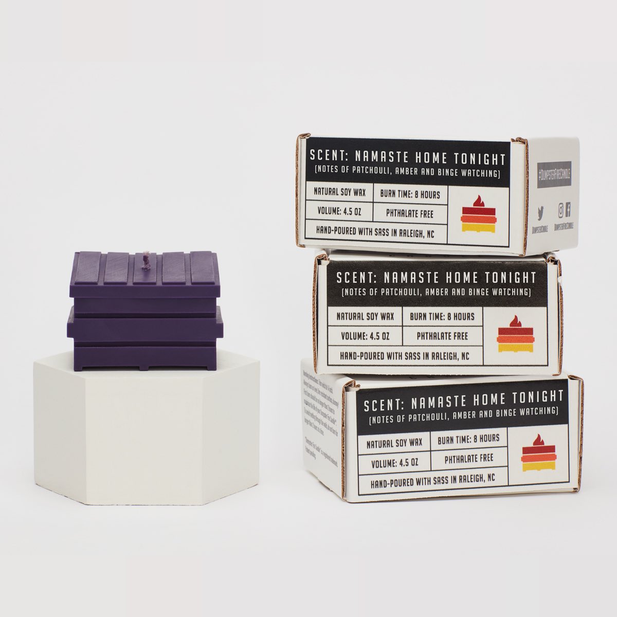 DumpsterCandle's tweet photo. NEW scent release! Now taking pre-orders for “Namaste Home Tonight.” Smells like patchouli, amber and binge watching. Is there a more perfect candle to sum up 2020? The answer is no. https://t.co/Tbf3axeng3 https://t.co/yV6lIj4qFl