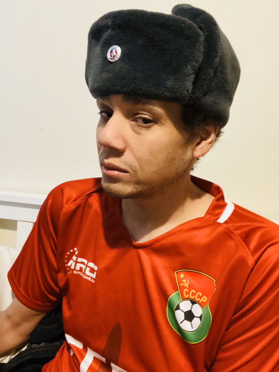 day 16: noooo you can’t keep stealing my clothes that’s an east german hat it doesn’t go with a soviet football shirterino nooooo