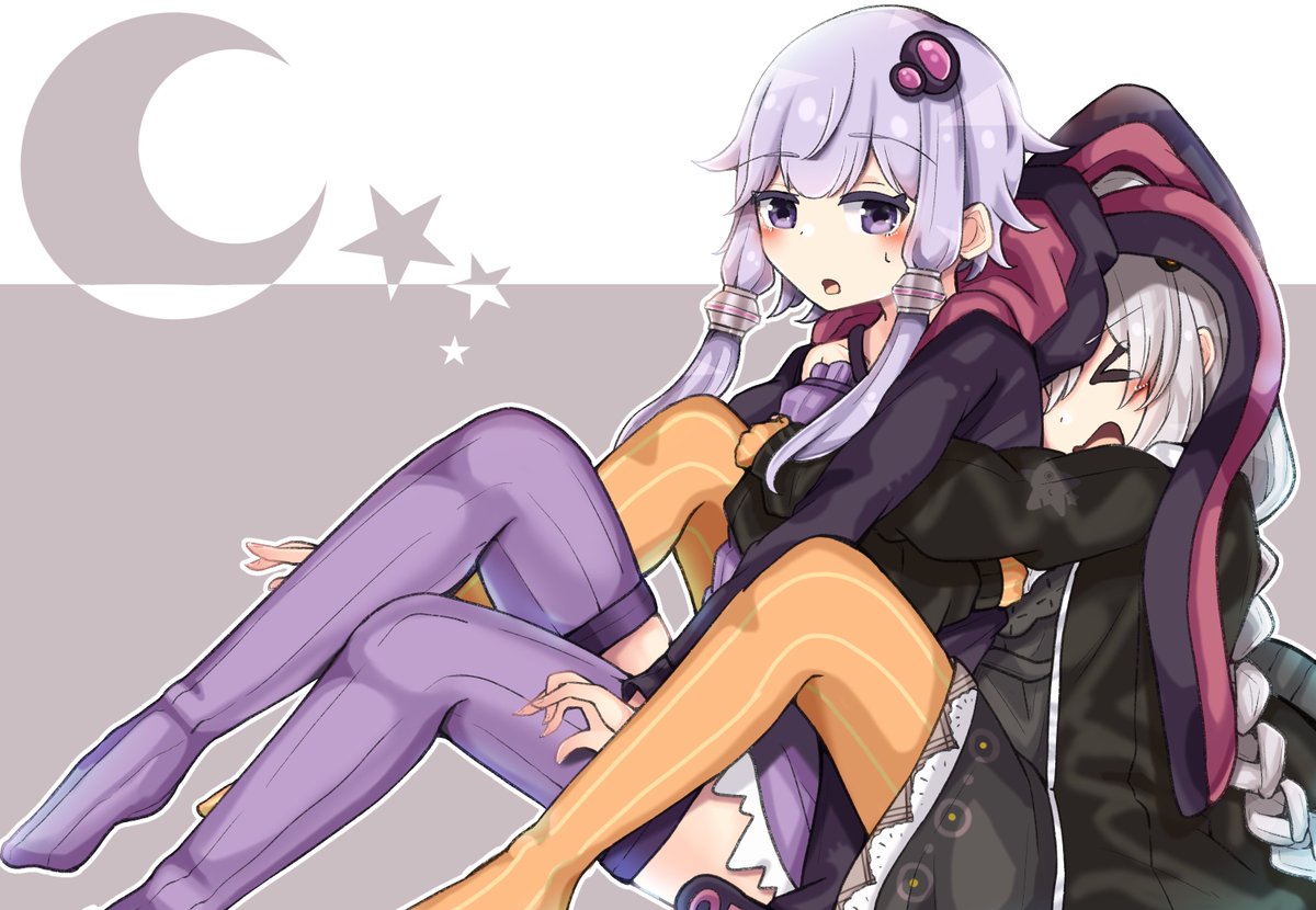 kizuna akari ,yuzuki yukari multiple girls 2girls dress thighhighs purple hair hug braid  illustration images